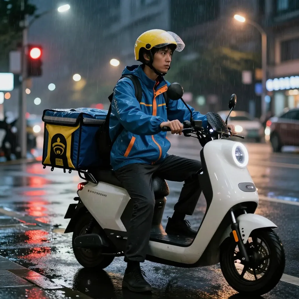雨夜街头嘅外卖骑手